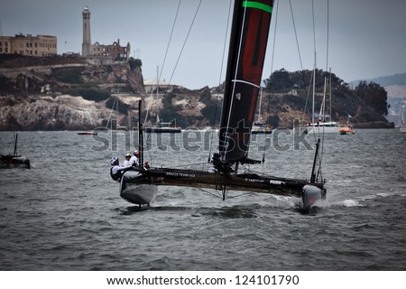 SAN FRANCISCO- AUGUST 25, 2012: Team Oracle USA racing in Louis Vuitton Cup part of the America\'s Cup world series on August 25, 2012 in San Francisco Bay , where cup finals will be held summer 2013.