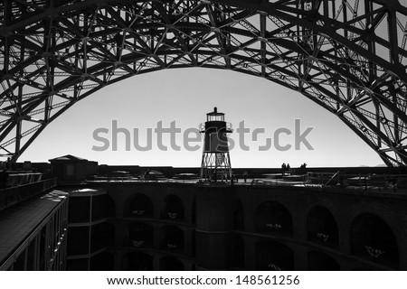 Light beacon under the super structure of the Golden Gate Bridge in San Francisco