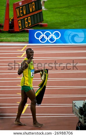 BEIJING - AUGUST 16:  Sprinter Usain Bolt sets new world record for menâs 100-Meter sprint at the Olympic games. Bolt would later gain the title World\'s Fastest Man August 16, 2008 Beijing, China