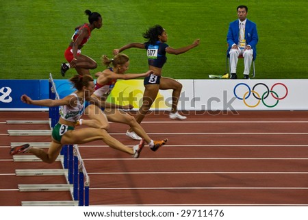 BEIJING - AUG 18: Women\'s 110 meter hurdle race Summer Olympic Games. August 18, 2008 Beijing, China
