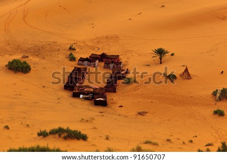 Aerial view of a group of Bedouin tents in Sahara Desert Morocco