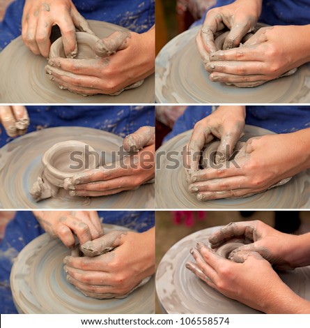 The hands of the potter at the potter\'s wheel makes a pot. A set of pictures.