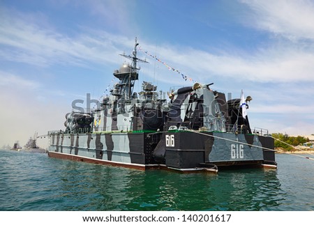 SEVASTOPOL, UKRAINE -- MAY 12: A modern warship in the parade of ships. Celebrating 230 years of the Black Sea Fleet on May 12, 2013