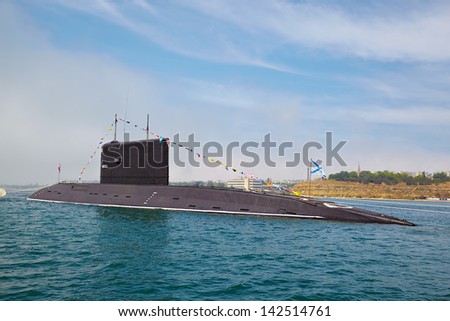 SEVASTOPOL, UKRAINE -- MAY 12: A modern submarine  in the parade of ships. Celebrating 230 years of the Black Sea Fleet on May 12, 2013