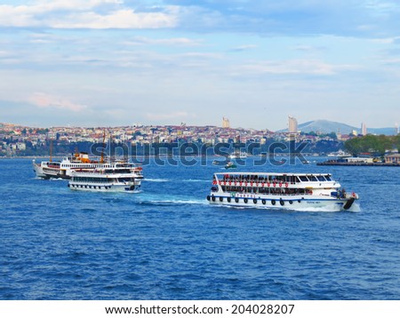 ISTANBUL, TURKEY -- CIRCA APRIL 2014: Intensive traffic of maritime transport, ships and ferries in the Bosphorus.