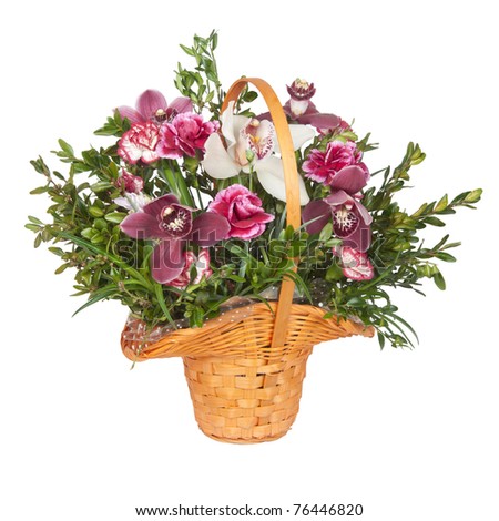A bouquet of flowers in a basket isolated on a white background