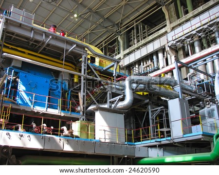 Machinery, tubes and steam turbine at a power plant