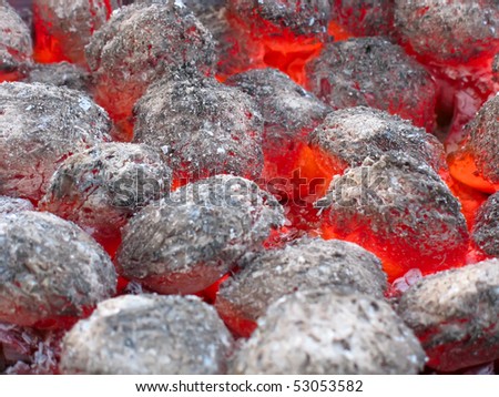 Red hot burning coals background in the hearth