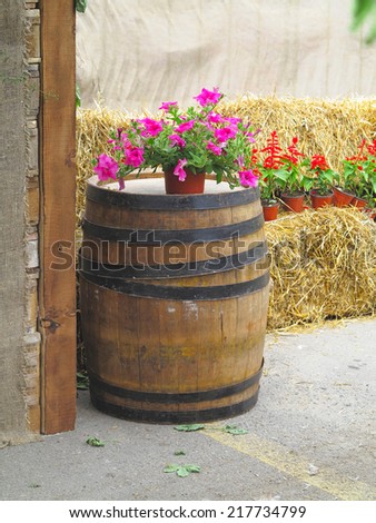 Old classic wooden barrel with flowers and hay background - rural view