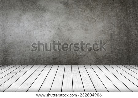 Room of grunge grey wall and white wooden floor.