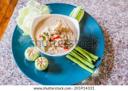 Thai style salted crab in Coconut Milk served with Fresh Vegetables,Lon Phu Kem.