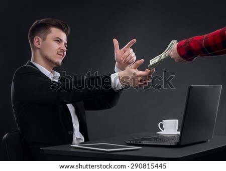 Businessman Giving & Receiving Money On Gray Background