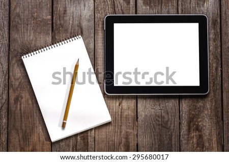 Sketchbook, Pencil And B Computer Tablet On Wooden Table