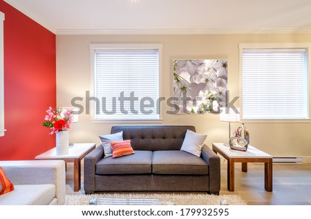 Modern red living room interior design with sofa, armchair, and two side tables