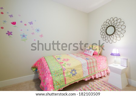 Children's girl's pink princess bedroom playroom. Interior design.