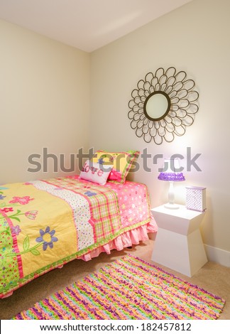 Children\'s pink princess bedroom playroom. Interior design.