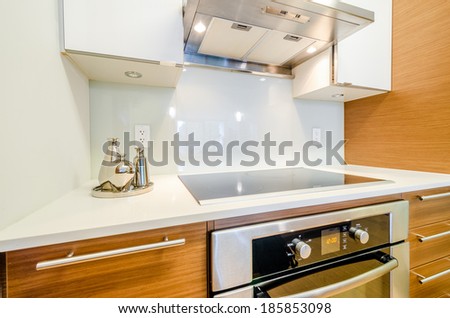 Modern, bright, clean, kitchen interior with stainless steel appliances and wooden cabinets in a luxury house