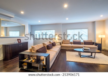 Spacious bright living room in luxury house. Interior design.
