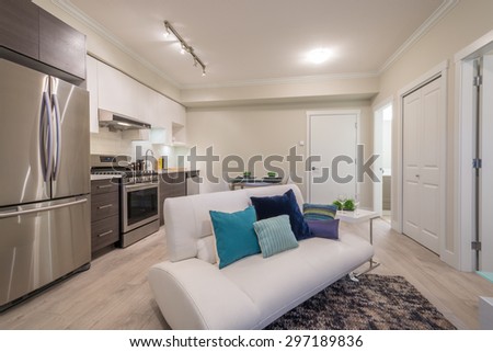 Bright living room with kitchen and dinner table. Interior design.