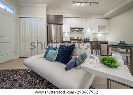 Bright living room with sofa and kitchen with dinner table. Interior design
