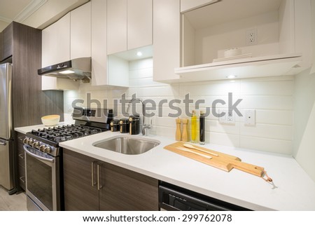 Modern, bright, clean kitchen interior with stainless steel appliances in a luxury apartment.
