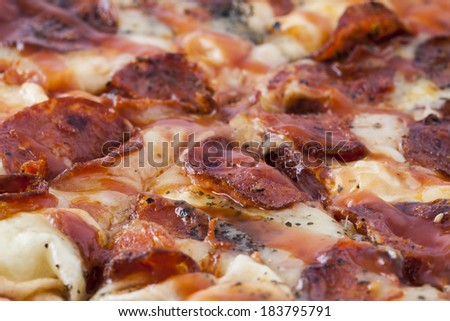 A close up photo of a delicious peperoni pizza pie, with melted cheese and ketchup sauce, with a very good view of the oregano.