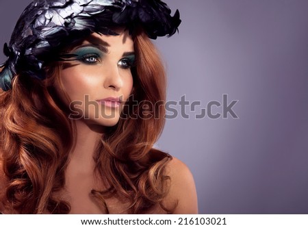 Beauty portrait of attractive redhead woman with perfect makeup. Profile photo.