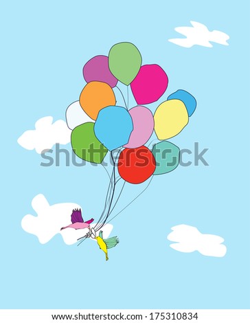 Birds Flying with Balloons