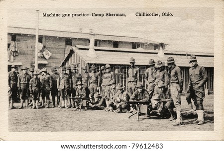 Machine Gun Practice - Early 1900\'s WWI postcard depicting soldiers practicing machine gun drills at Camp Sherman in Chillicothe, Ohio.