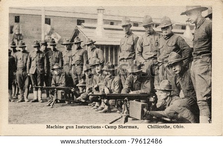 Machine Gun Instructions - Early 1900\'s WWI postcard depicting soldiers receiving machine gun instructions.at Camp Sherman in Chillicothe, Ohio.