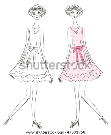 stock vector Fashion girl in pink dress sketch