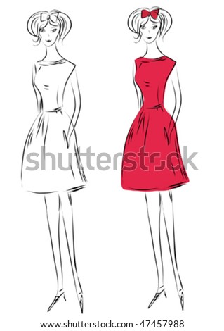 stock vector Sketch of fashion girl in red dress