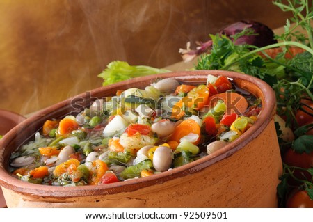 Hot vegetable soup and steaming, close-up