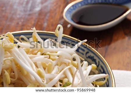 Soy sprouts and soy sauce, closeup