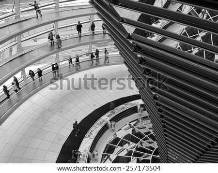 Germany, Berlin, Reichstag Dome, 02/02/2012: Photo of the interior of the Reichstag dome. Processed in B&W.