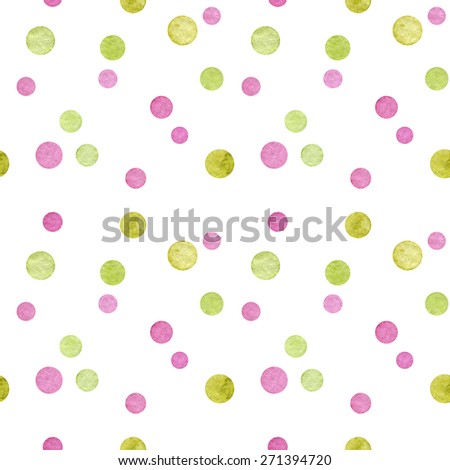 Watercolor hand drawn pattern with pink, green and olive polka dots on white background.