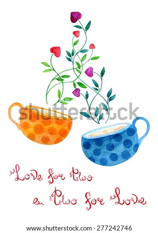 Watercolor hand drawn stylized turquoise and orange dot cups with leaves and heart flowers as a steam.