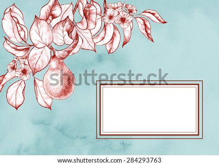 Card with hand drawn red chalk leaves, flowers and pear with text area and elegant borders on blue watercolor hand drawn background