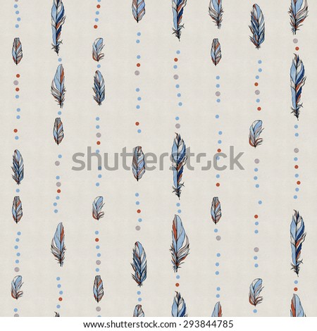 Pattern with lines of watercolor hand drawn stylized feathers and dots in indigo, blue, grey and brown colors in different sizes on light background in small size