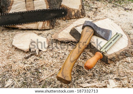 Axe and chainsaw file with chain saw in the background outdoor