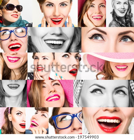 Happy fashion women collage.Smile and faces. Makeup, emotions