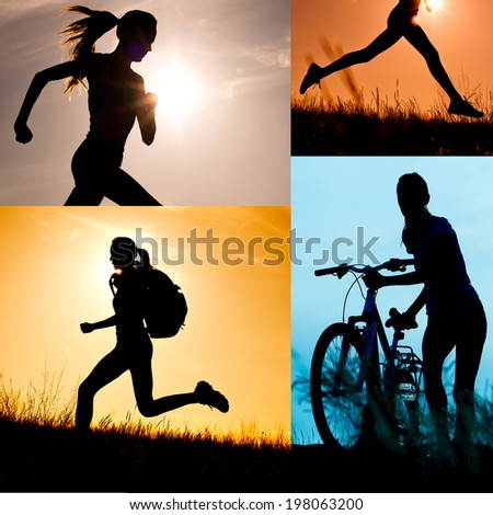 Run, fun, sun and bike collage. Active healthy life