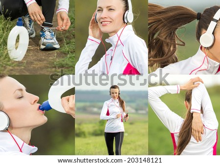 Running woman collage. Female runner jogging during outdoor workout in countryside in motion. Healthy outdoor lifestyle concept