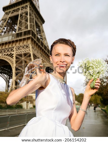Happy bride enjoy wedding in Paris. Valentine trip to paris city of love concept