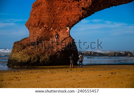 LEGZIRA, MOROCCO - September 05: Tourists walking at the Legzira Beach on September 05, 2014 at the Atlantic Coast, Morocco.