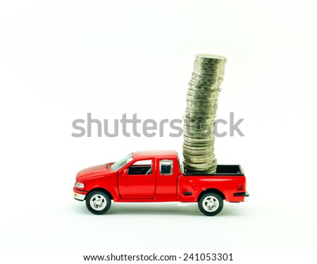 Toy car and Thai money over white. Rent, buy or insurance car concept