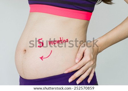 pregnant woman 5 month on a white background
