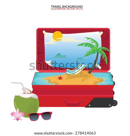 Summer Vacation Concept. Piece of Paradise in Suitcase with Different Accessories for Vacation
