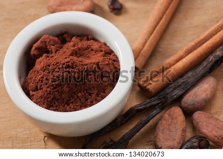 Cocoa drink ingredients. Cocoa beans and powder, Cinnamon, vanilla pod.