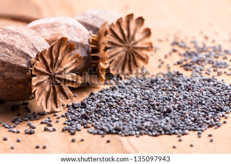 Poppy seeds and poppy heads on a wooden table